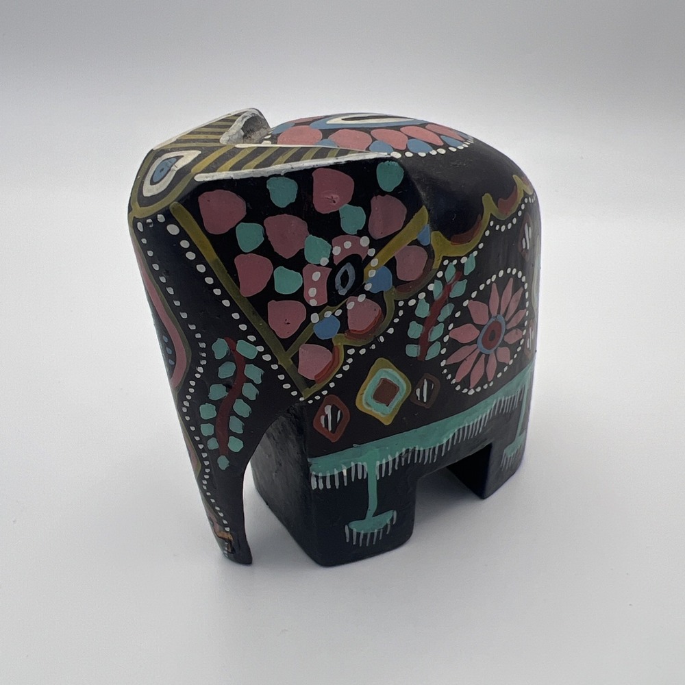 Ceylon Elephant Hand Painted Wood 3" Brown Pink Yellow Blue Sri Lanka Folk Art